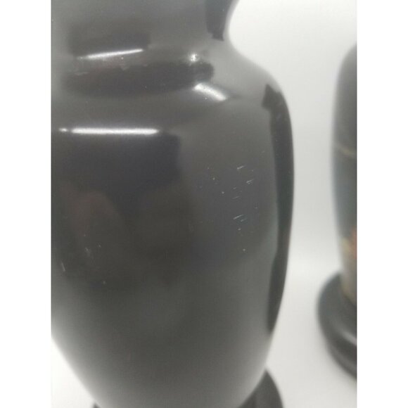 1950's Japanese Black Laquer Over Wood Vases Interior Liners Hand Painted Pair - Picture 7 of 12
